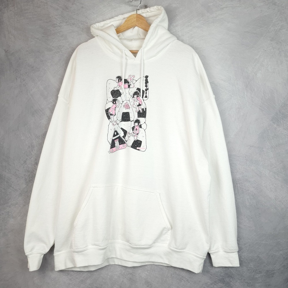Vapor95 NEMUPAN Hoodie Mens 3XL White Anime Onigiri Graphic Vaporwave Sweatshirt